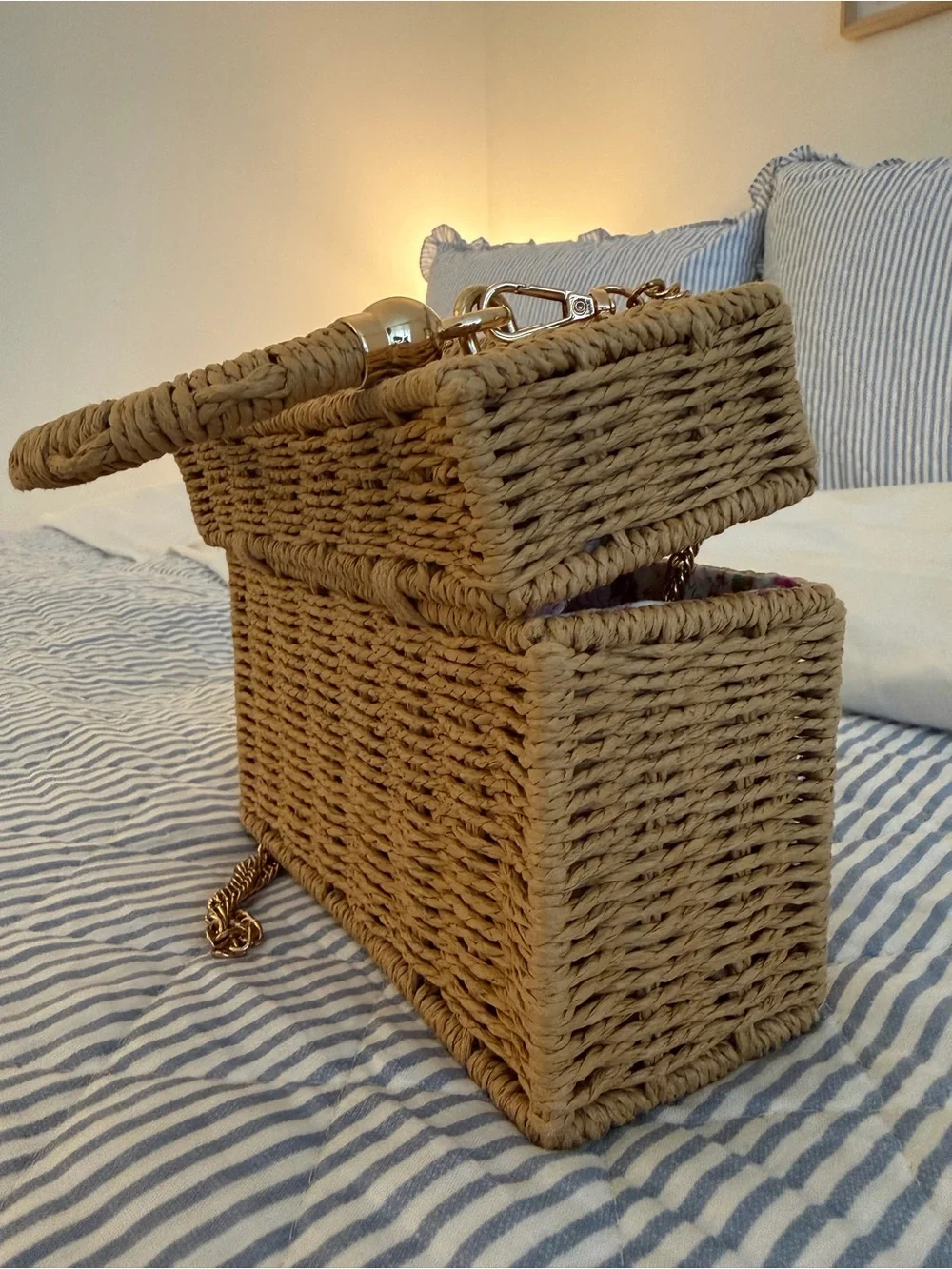 Amazon Woven Tan Crossbody Bag with Gold Chain